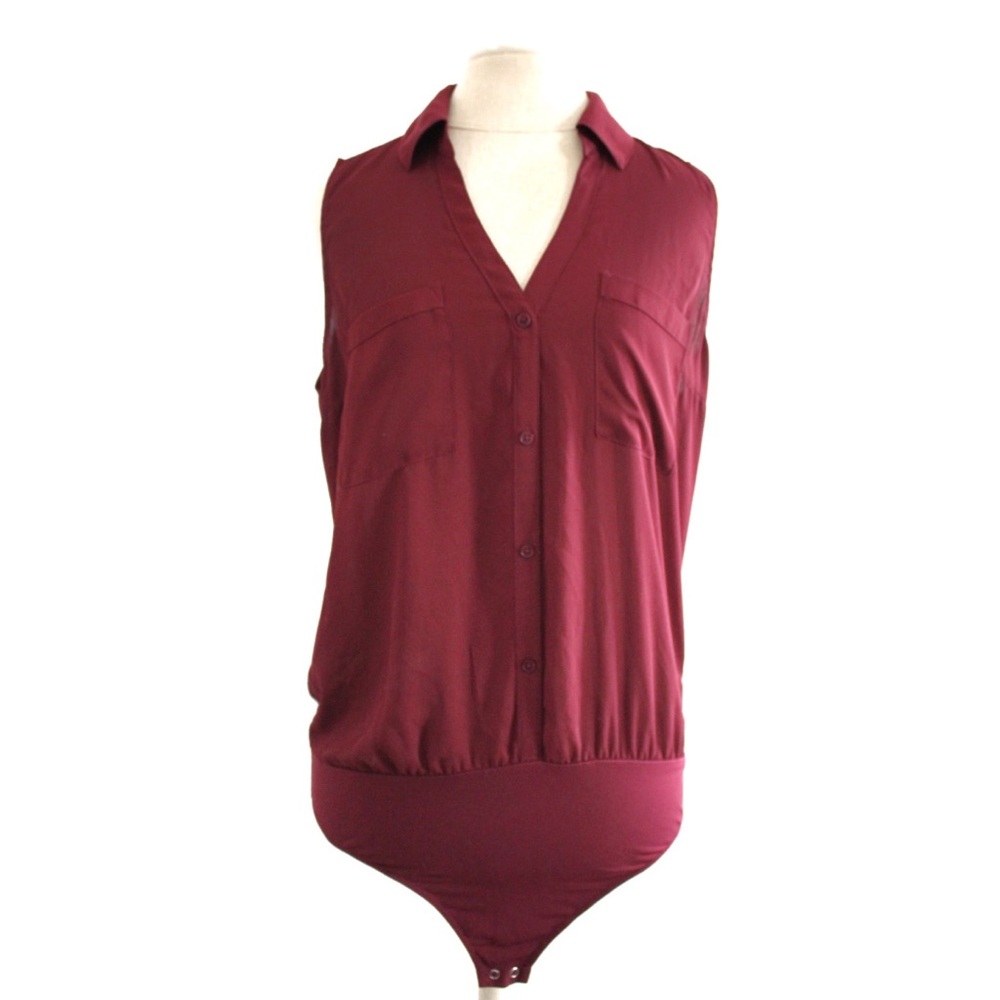 Express Porofino Burgundy Collared Snap Slim Bodysuit Large NWOT